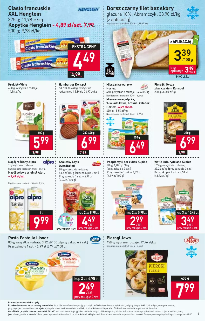 Gazetka promocyjna Stokrotka - Supermarket - ważna 22.02 do 28.02.2024 - strona 16 - produkty: Alpro, Burger, Ciasto francuskie, Dorsz, Gin, Glazura, Hamburger, Hortex, Kalafior, Kopytka, Krakersy, Krokiety, Kupiec, Kurczak, Lay’s, Lazur, Lisner, Mięso, Mieszanka warzyw, Napój, Napój roślinny, Owoce, Pastella, Piec, Pierogi, Virtu, Wafle, Warzywa