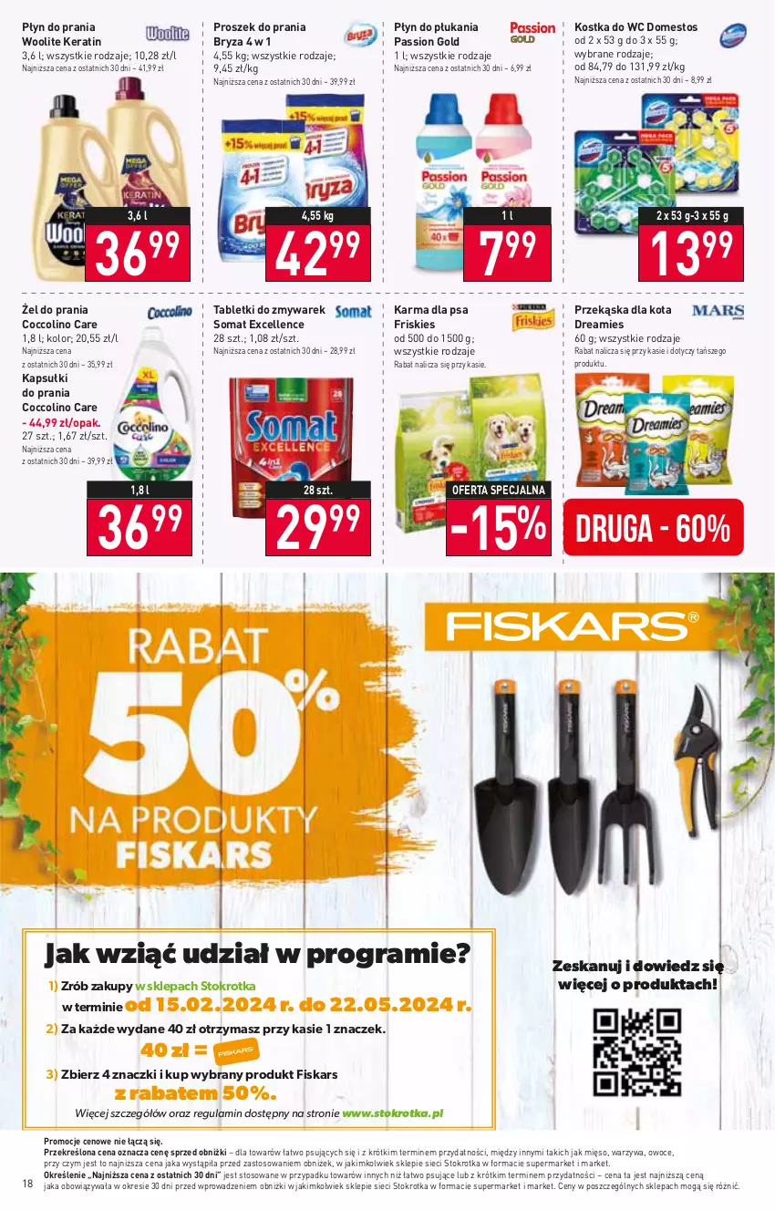 Gazetka promocyjna Stokrotka - Supermarket - ważna 22.02 do 28.02.2024 - strona 19 - produkty: Bryza, Coccolino, Domestos, Fiskars, Friskies, Gra, Kapsułki do prania, Kostka do wc, Mięso, Owoce, Płyn do płukania, Płyn do prania, Proszek do prania, Somat, Tablet, Warzywa, Woolite