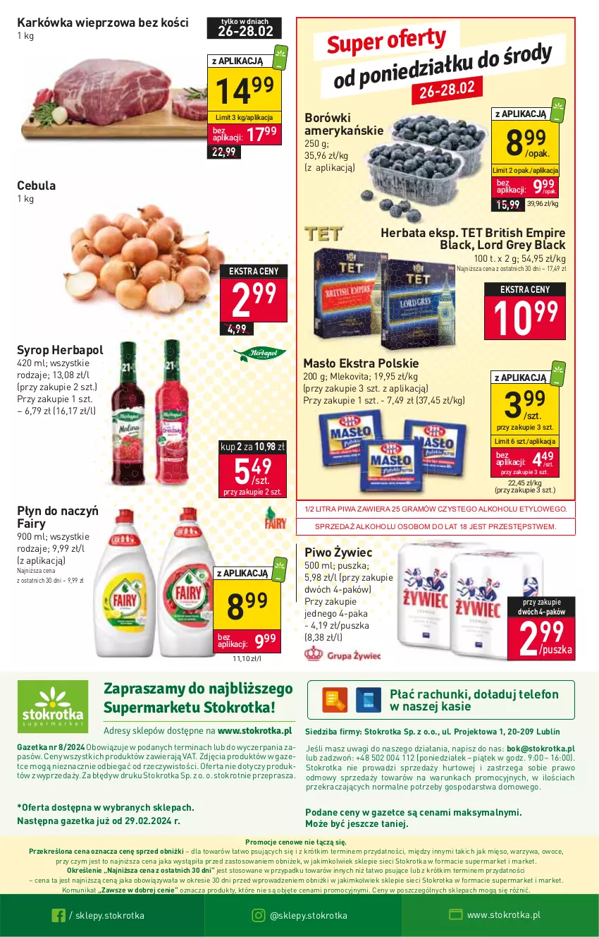 Gazetka promocyjna Stokrotka - Supermarket - ważna 22.02 do 28.02.2024 - strona 21 - produkty: Brit, Cebula, Fa, Fairy, Gra, Herbapol, Herbata, Karkówka wieprzowa, Lack, Masło, Mięso, Mleko, Mlekovita, O nas, Owoce, Piwa, Piwo, Syrop, Telefon, Wagi, Warzywa