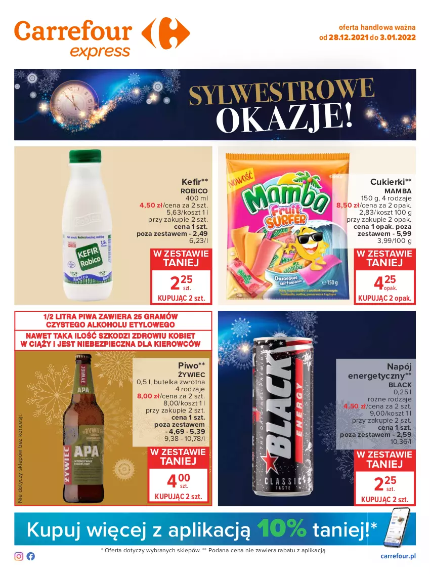 Gazetka promocyjna Carrefour - Gazetka Express - ważna 28.12.2021 do 03.01.2022 - strona 1 - produkty: BIC, Cukier, Cukierki, Gra, Kosz, Lack, Mamba, Napój, Napój energetyczny, Piec, Piwa, Piwo, Robico