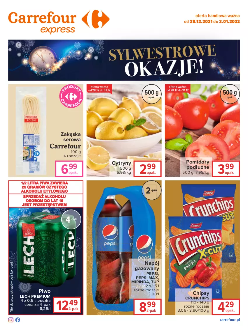 Gazetka promocyjna Carrefour - Gazetka Express - ważna 28.12.2021 do 03.01.2022 - strona 2 - produkty: 7up, Chipsy, Crunchips, Cytryny, Gra, Lech Premium, Mirinda, Napój, Napój gazowany, Pepsi, Pepsi max, Piwa, Piwo, Pomidory, Ser