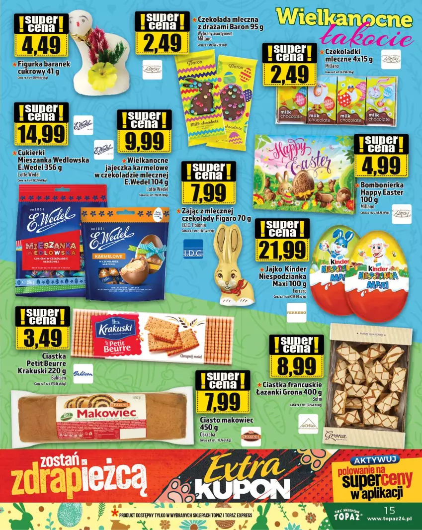 Gazetka promocyjna Topaz - Gazetka - ważna 28.03 do 03.04.2024 - strona 15 - produkty: Ciastka, Cukier, Cukierki, Czekolada, Czekolada mleczna, Ferrero, Kinder, Krakus, Krakuski, Makowiec, Mieszanka wedlowska, Top