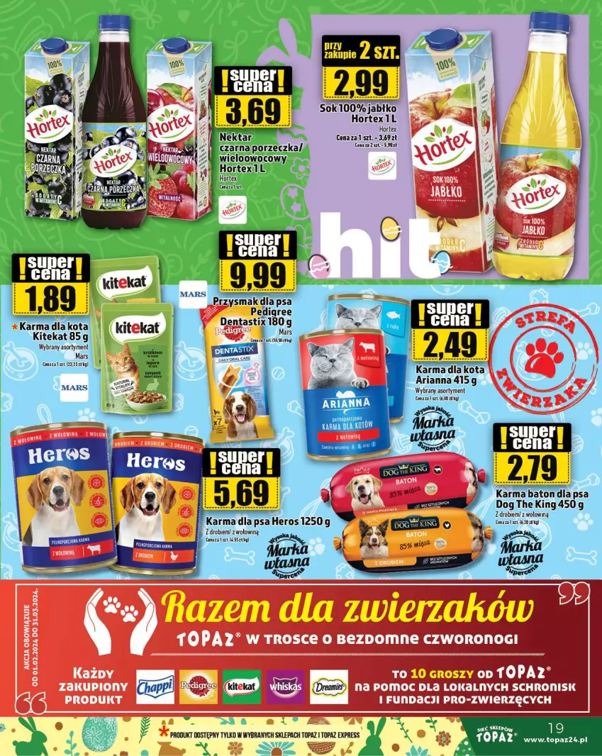 Gazetka promocyjna Topaz - Gazetka - ważna 28.03 do 03.04.2024 - strona 19 - produkty: Baton, Hortex, KiteKat, Mars, Por, Przysmak dla psa, Sok, Top