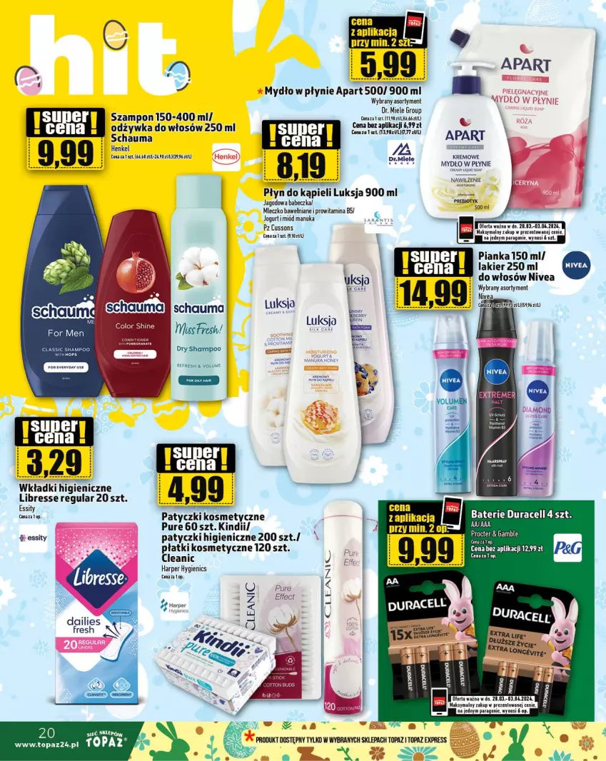 Gazetka promocyjna Topaz - Gazetka - ważna 28.03 do 03.04.2024 - strona 20 - produkty: Cleanic, Duracell, Jogurt, Kindii, Lakier, Luksja, Miód, Mleczko, Mydło, Mydło w płynie, Nivea, Odzywka do włosów, Patyczki kosmetyczne, Płatki kosmetyczne, Płyn do kąpieli, Pur, Schauma, Szampon, Top