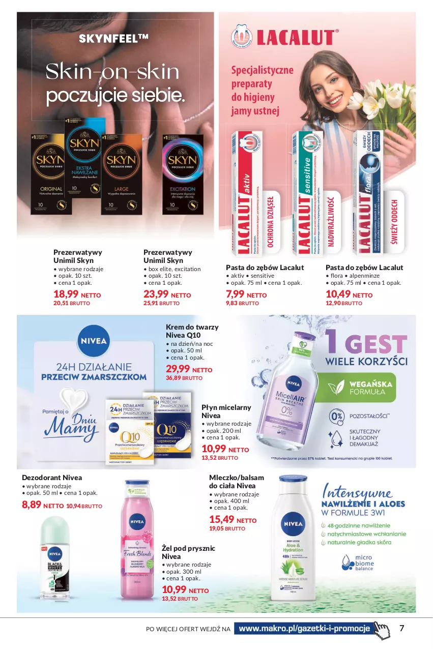 Gazetka promocyjna Makro - [Oferta specjalna] Sekrety urody - ważna 04.05 do 16.05.2022 - strona 7 - produkty: Balsam do ciała, Dezodorant, Flora, Krem do twarzy, Lacalut, Mleczko, Nivea, Nivea Q10, Pasta do zębów, Płyn micelarny, Prezerwatyw, Skyn, Unimil