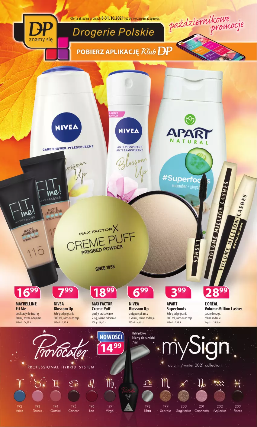 Gazetka promocyjna Drogerie Polskie - Gazetka - ważna 08.10 do 31.10.2021 - strona 1 - produkty: Antyperspirant, Bell, Fa, L’Oréal, Lakier, Lion, Max Factor, Maybelline, Nivea, Podkład, Puf, Tusz