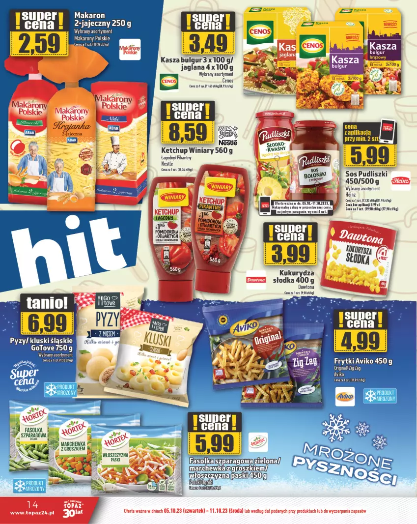 Gazetka promocyjna Topaz - Gazetka - ważna 05.10 do 11.10.2023 - strona 14 - produkty: Bulgur, Cenos, Dawtona, Frytki, Heinz, Kasza, Ketchup, Koc, Kukurydza, LANA, LG, Makaron, Pudliszki, Sos, Winiary