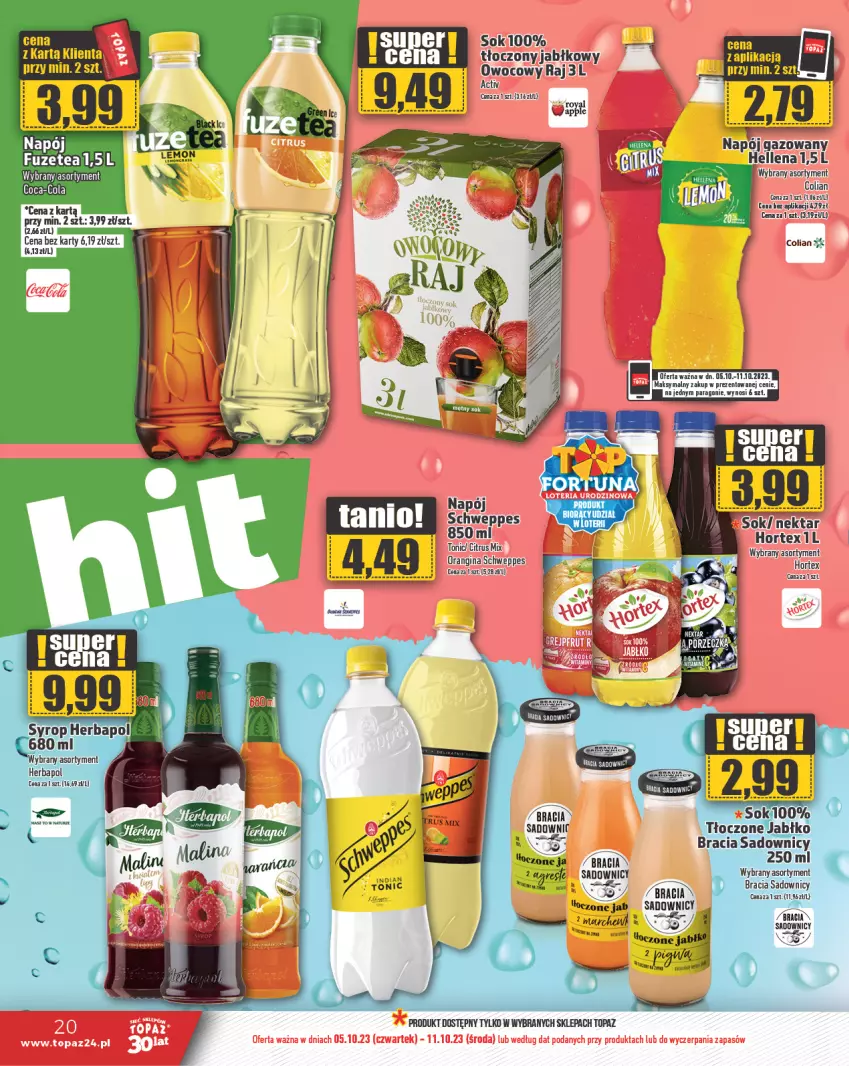 Gazetka promocyjna Topaz - Gazetka - ważna 05.10 do 11.10.2023 - strona 20 - produkty: Coca-Cola, Gin, Hellena, Herbapol, Hortex, Napój, Schweppes, Syrop, Top