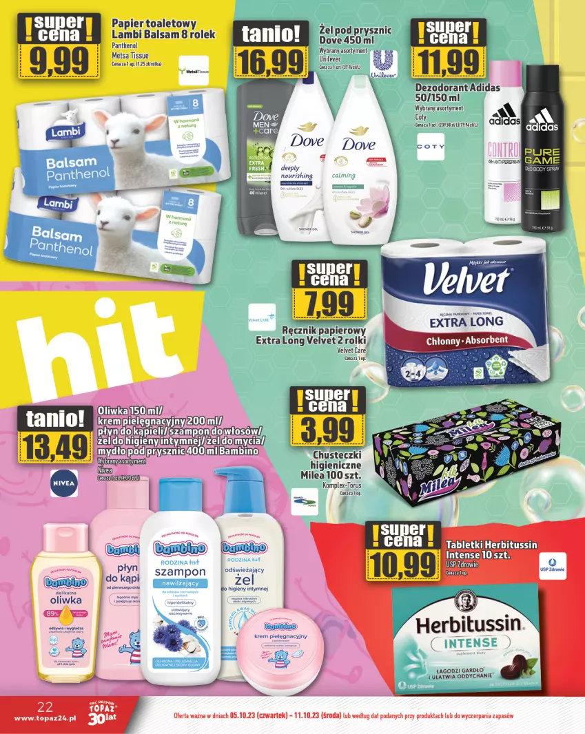 Gazetka promocyjna Topaz - Gazetka - ważna 05.10 do 11.10.2023 - strona 22 - produkty: Adidas, Chusteczki, Dezodorant, Dove, Papier, Papier toaletowy, Ręcznik, Rolki, Sos, Szampon, Tablet, Top, Velvet, Zdrowie