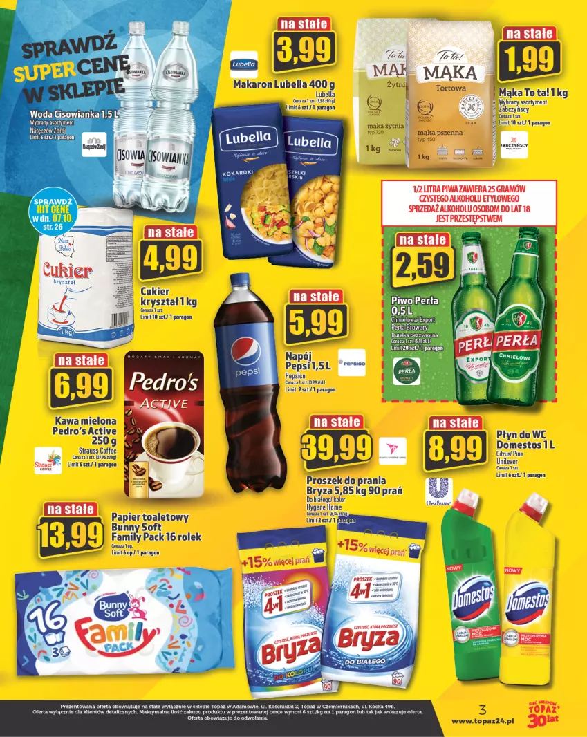 Gazetka promocyjna Topaz - Gazetka - ważna 05.10 do 11.10.2023 - strona 3 - produkty: Bell, Bella, Bryza, Domestos, Fa, Gra, Kawa, Kawa mielona, Koc, Lubella, Makaron, Napój, Papier, Papier toaletowy, Pepsi, Piwa, Płyn do wc, Proszek do prania, Top