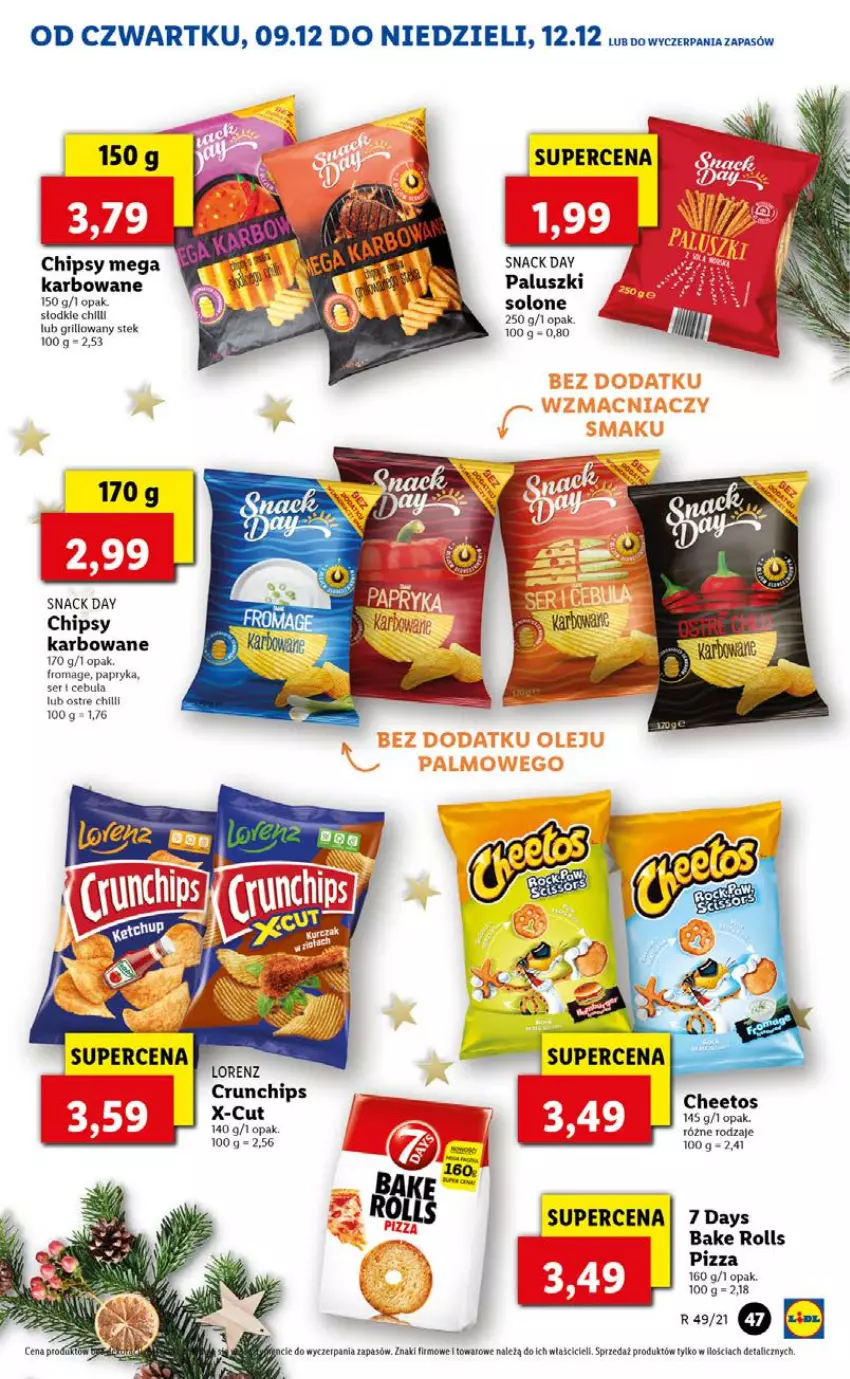 Gazetka promocyjna Lidl - GAZETKA OD 09.12 DO 12.12 - ważna 09.12 do 12.12.2021 - strona 47 - produkty: 7 Days, Bake Rolls, Cebula, Chipsy, Crunchips, Grill, Lorenz, Papryka, Pizza, Ser, Stek