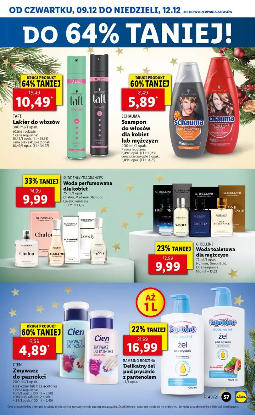 Gazetka promocyjna Lidl - GAZETKA OD 09.12 DO 12.12 - ważna 09.12 do 12.12.2021 - strona 57 - produkty: Bell, Gra, Halo, Lakier, Lakier do włosów, Lovely, Perfum, Schauma, Szampon, Taft, Woda, Woda perfumowana, Woda toaletowa, Zmywacz do paznokci