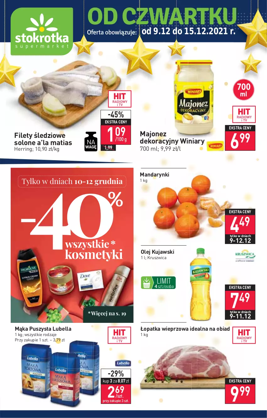 Gazetka promocyjna Stokrotka - Supermarket - ważna 09.12 do 15.12.2021 - strona 1 - produkty: Bell, Bella, Kujawski, Lubella, Majonez, Mąka, Mandarynki, Olej, Winiary