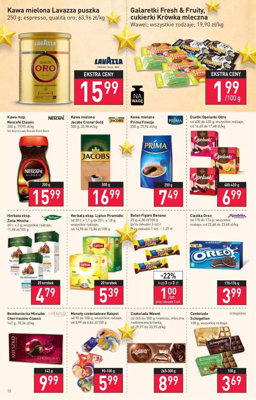 Gazetka promocyjna Stokrotka - Supermarket - ważna 09.12 do 15.12.2021 - strona 12 - produkty: Baton, Ciastka, Cukier, Cukierki, Czekolada, Gala, Galaretki, Herbata, Jacobs, Kawa, Kawa mielona, Lack, Lanki, Lavazza, Lipton, Nescafé, Oreo, Prima, Schogetten, Wawel