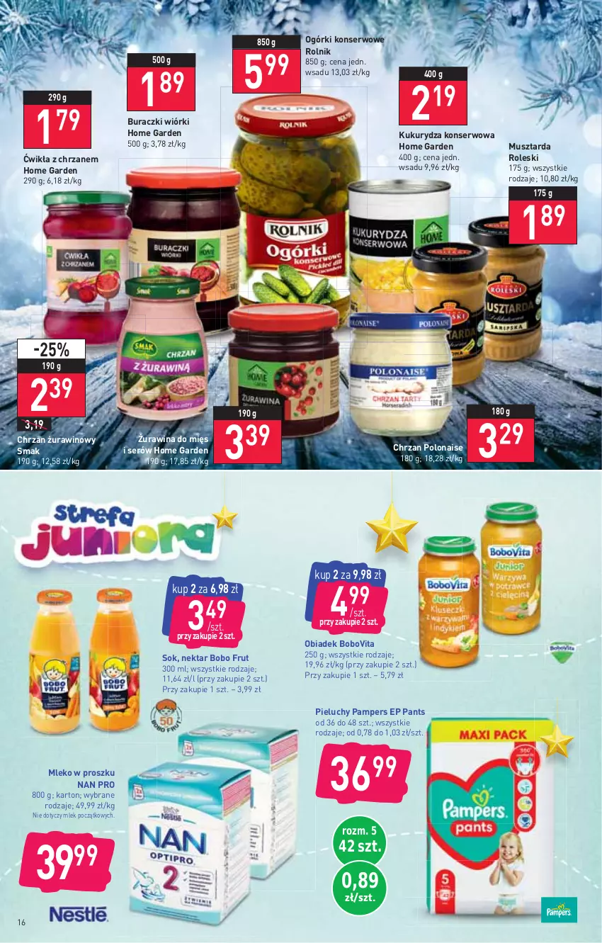 Gazetka promocyjna Stokrotka - Supermarket - ważna 09.12 do 15.12.2021 - strona 16 - produkty: BoboVita, Buraczki, Chrzan, Kukurydza, Kukurydza konserwowa, Mleko, Mleko w proszku, Mus, Musztarda, Nektar, Ogórki konserwowe, Pampers, Pieluchy, Rolnik, Ser, Sok, Wino