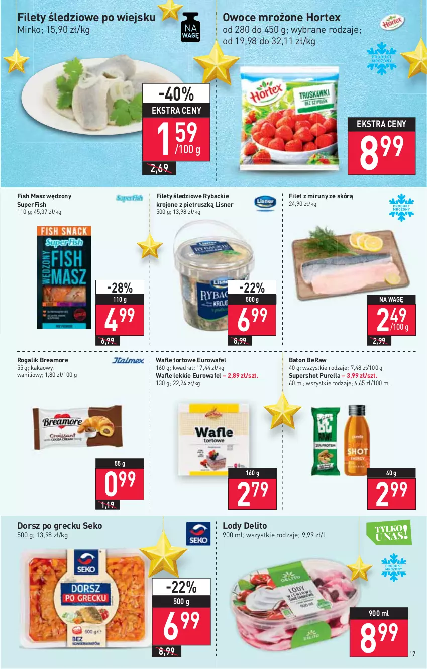 Gazetka promocyjna Stokrotka - Supermarket - ważna 09.12 do 15.12.2021 - strona 17 - produkty: Baton, Dorsz, Hortex, Kakao, Lisner, Lody, Owoce, Pur, Rogal, Ryba, SEKO, Wafle, Wafle tortowe