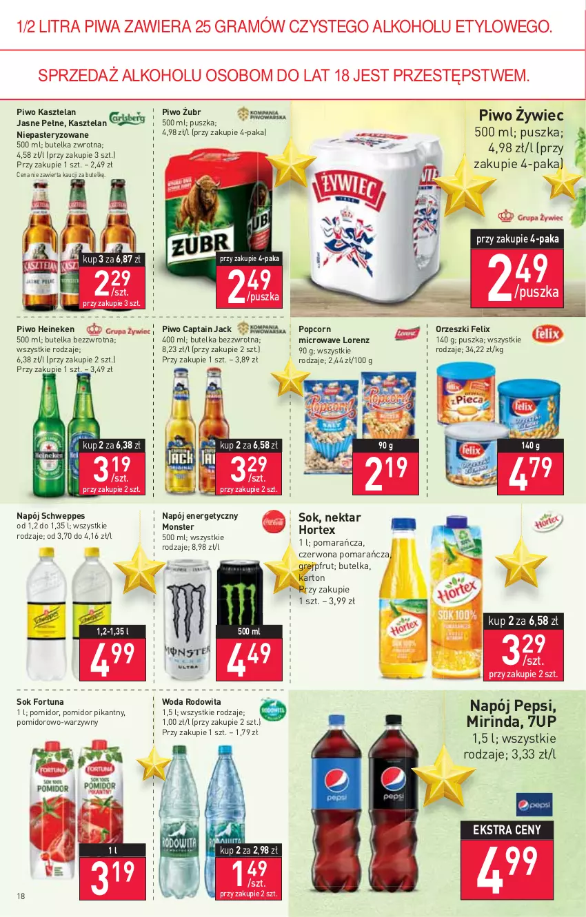 Gazetka promocyjna Stokrotka - Supermarket - ważna 09.12 do 15.12.2021 - strona 18 - produkty: 7up, Captain Jack, Felix, Fortuna, Gra, Grejpfrut, Heineken, Hortex, Kasztelan, Lorenz, Mirinda, Napój, Napój energetyczny, Nektar, Orzeszki, Pepsi, Piwa, Piwo, Popcorn, Schweppes, Sok, Woda