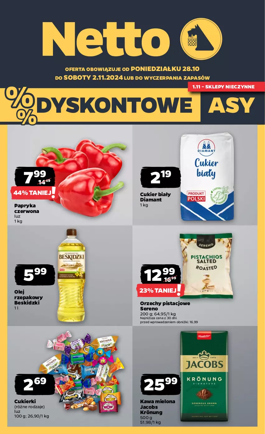 Gazetka promocyjna Netto - Artykuły spożywcze - ważna 28.10 do 02.11.2024 - strona 1 - produkty: Beskidzki, Cukier, Cukierki, Diamant, Jacobs, Jacobs Krönung, Kawa, Kawa mielona, Olej, Olej rzepakowy, Papryka, Papryka czerwona, Ser