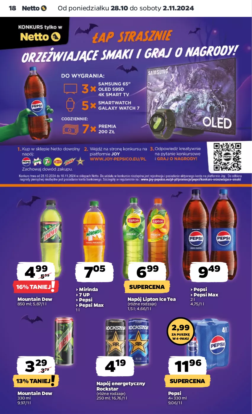 Gazetka promocyjna Netto - Artykuły spożywcze - ważna 28.10 do 02.11.2024 - strona 18 - produkty: Ice tea, Lipton, Mirinda, Napój, Napój energetyczny, Pepsi, Pepsi max