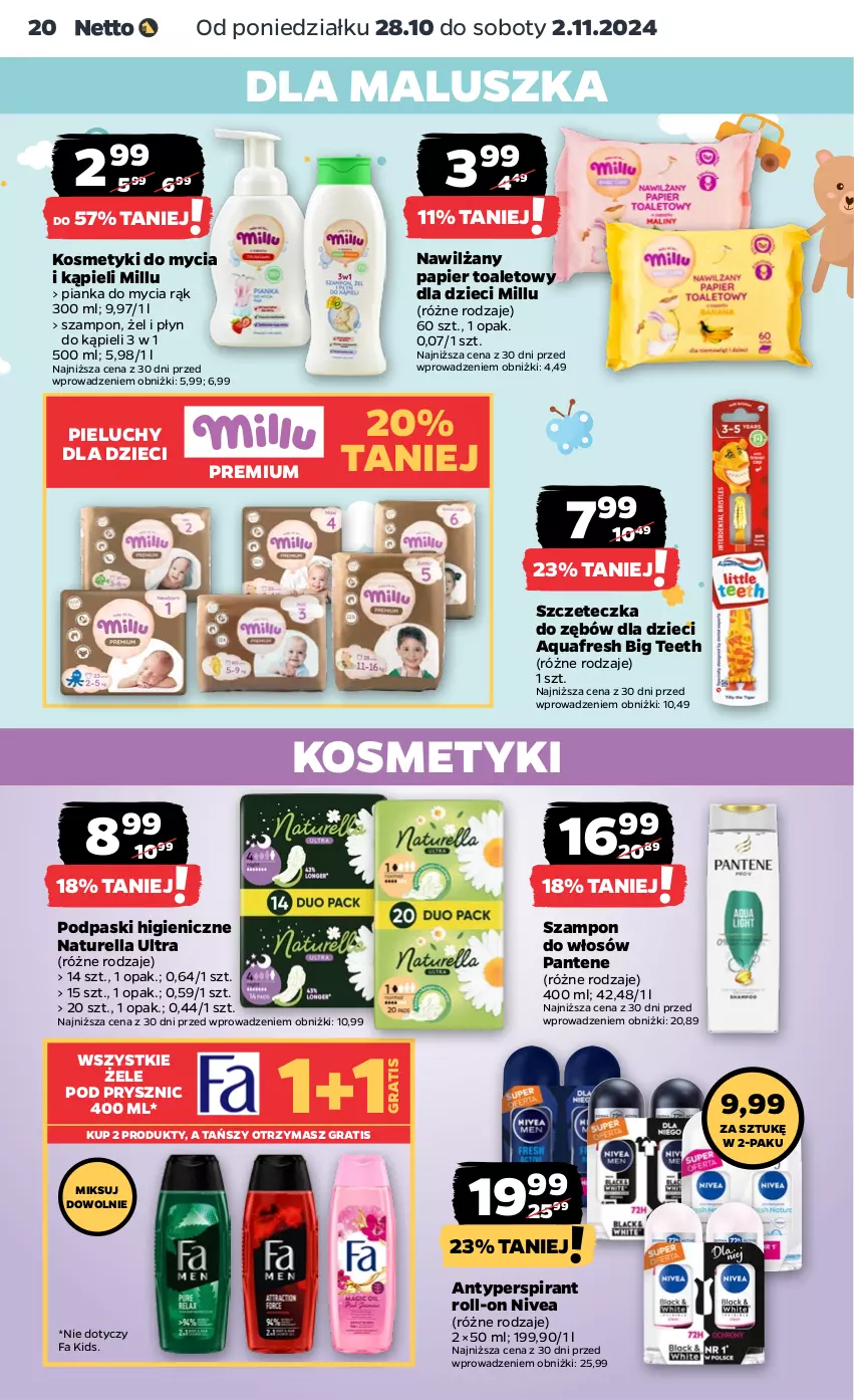 Gazetka promocyjna Netto - Artykuły spożywcze - ważna 28.10 do 02.11.2024 - strona 20 - produkty: Antyperspirant, Aquafresh, Dzieci, Fa, Gra, Naturell, Naturella, Nawilżany papier, Nivea, Pantene, Papier, Papier toaletowy, Pieluchy, Płyn do kąpieli, Podpaski, Szampon