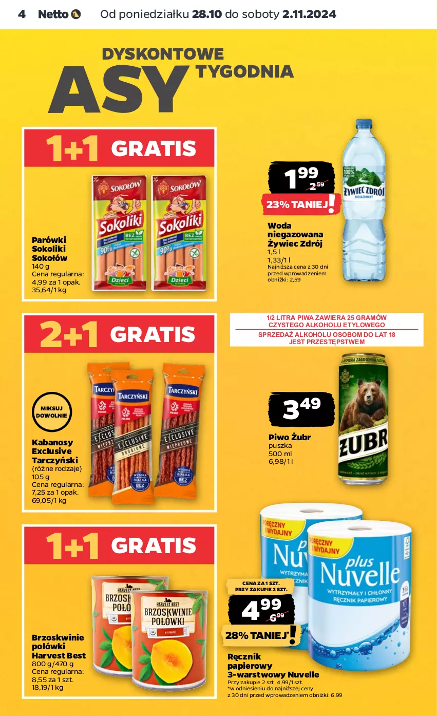 Gazetka promocyjna Netto - Artykuły spożywcze - ważna 28.10 do 02.11.2024 - strona 4 - produkty: Brzoskwinie, Gra, Kabanos, Papier, Parówki, Parówki sokoliki, Piwa, Piwo, Ręcznik, Sok, Sokołów, Tarczyński, Woda, Woda niegazowana