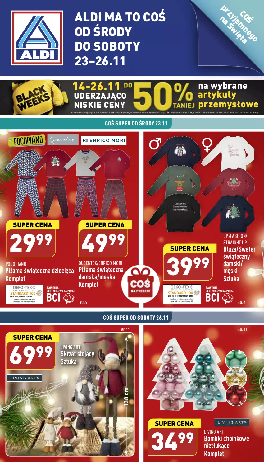 Gazetka promocyjna Aldi - Zaplanuj zakupy wcześniej - ważna 23.11 do 26.11.2022 - strona 1 - produkty: Bluza, Bombki, Dzieci, Fa, Gra, Piżama, Pocopiano, Queentex, Skrzat, Sweter