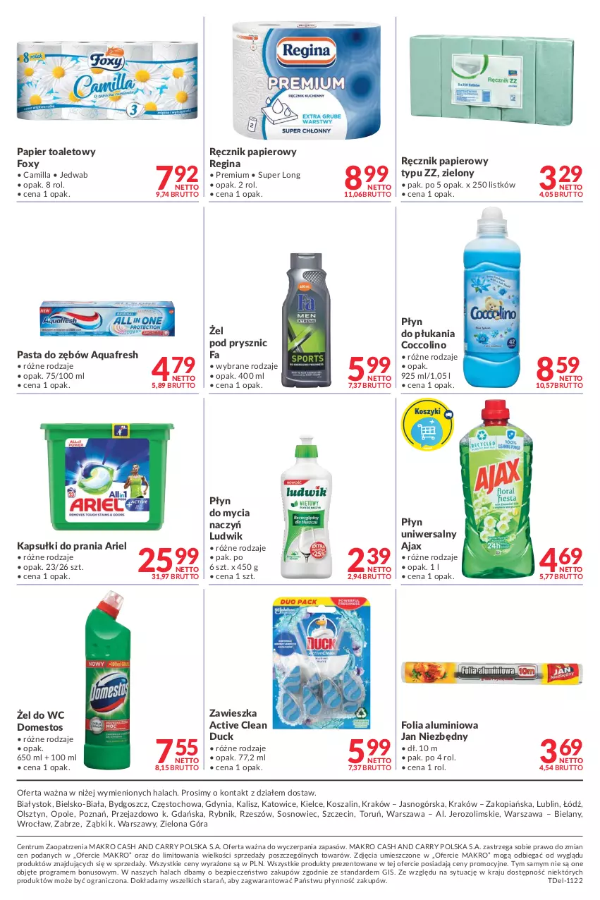 Gazetka promocyjna Makro - [Oferta promocyjna] Dostawy - ważna 17.05 do 30.05.2022 - strona 12 - produkty: Ajax, Aquafresh, Ariel, Coccolino, Do mycia naczyń, Domestos, Duck, Fa, Folia aluminiowa, Foxy, Gin, Gra, Jan Niezbędny, Kapsułki do prania, Kosz, Ludwik, Papier, Papier toaletowy, Pasta do zębów, Piec, Płyn do mycia, Płyn do mycia naczyń, Płyn do płukania, Ręcznik, Rum, Sos, Szal