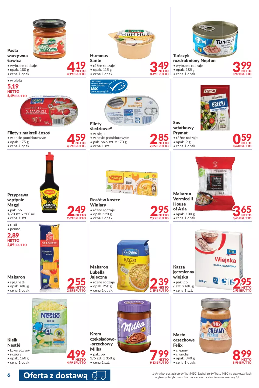 Gazetka promocyjna Makro - [Oferta promocyjna] Dostawy - ważna 17.05 do 30.05.2022 - strona 6 - produkty: Bell, Bella, Felix, House of Asia, Hummus, Kasza, Kasza jęczmienna, Lubella, Maggi, Makaron, Masło, Masło orzechowe, Milka, Mus, Nestlé, Olej, Pasta warzywna, Penne, Prymat, Przyprawa w płynie, Rosół, Ryż, Sałat, Sante, Sos, Spaghetti, Tuńczyk, Winiary