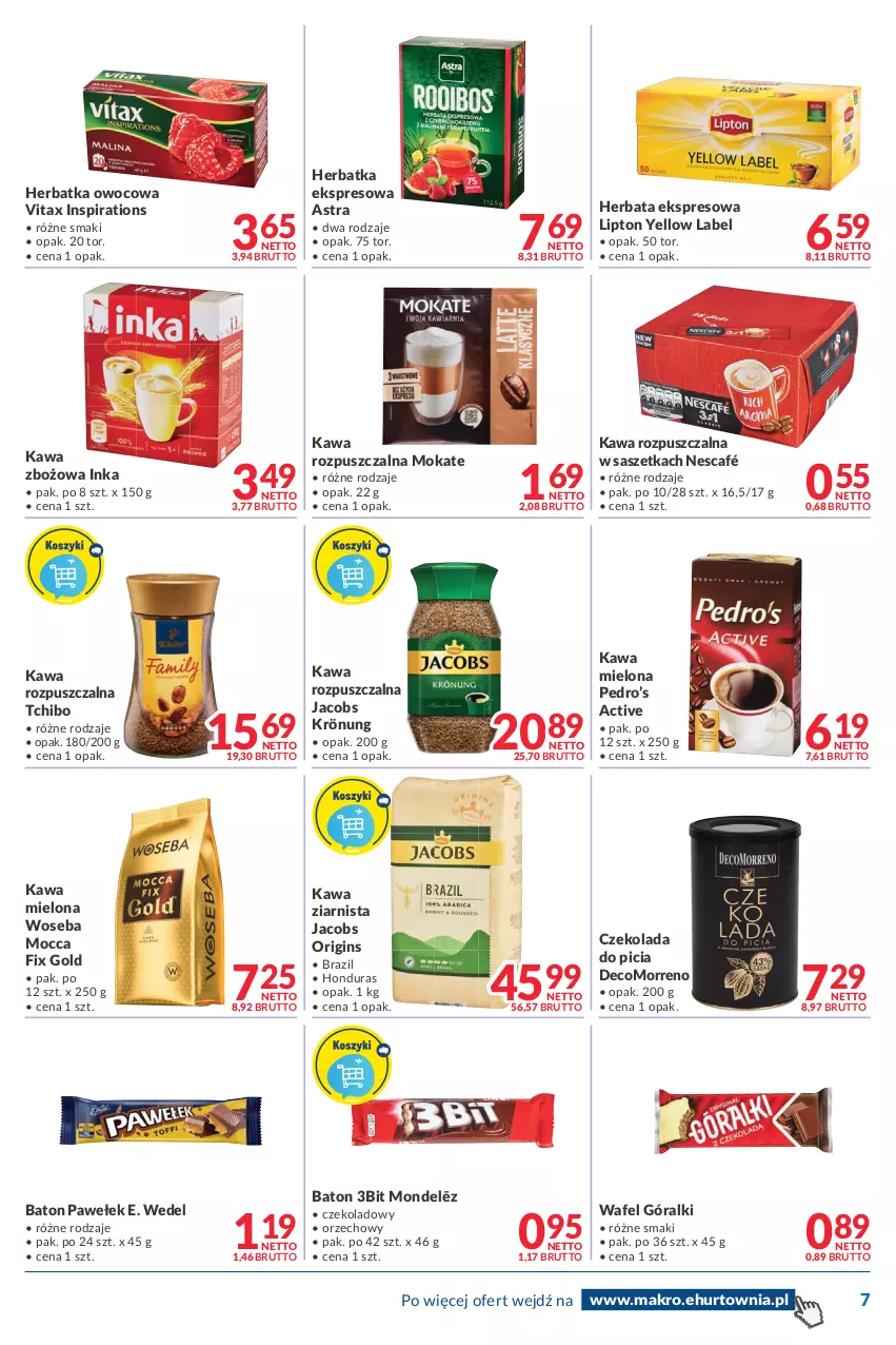 Gazetka promocyjna Makro - [Oferta promocyjna] Dostawy - ważna 17.05 do 30.05.2022 - strona 7 - produkty: Baton, Czekolada, E. Wedel, Gin, Góralki, Herbata, Inka, Jacobs, Jacobs Krönung, Kawa, Kawa mielona, Kawa rozpuszczalna, Kawa zbożowa, Kawa ziarnista, Lipton, Mocca Fix Gold, Nescafé, Tchibo, Vitax, Woseba