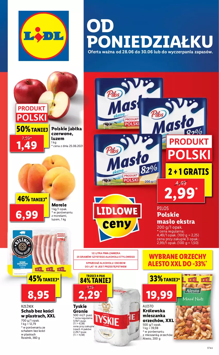 Gazetka promocyjna Lidl - GAZETKA - ważna 28.06 do 30.06.2021 - strona 1 - produkty: Gra, Jabłka, Masło, Morela, Pilos, Piwa, Por, Schab bez kości, Tyskie