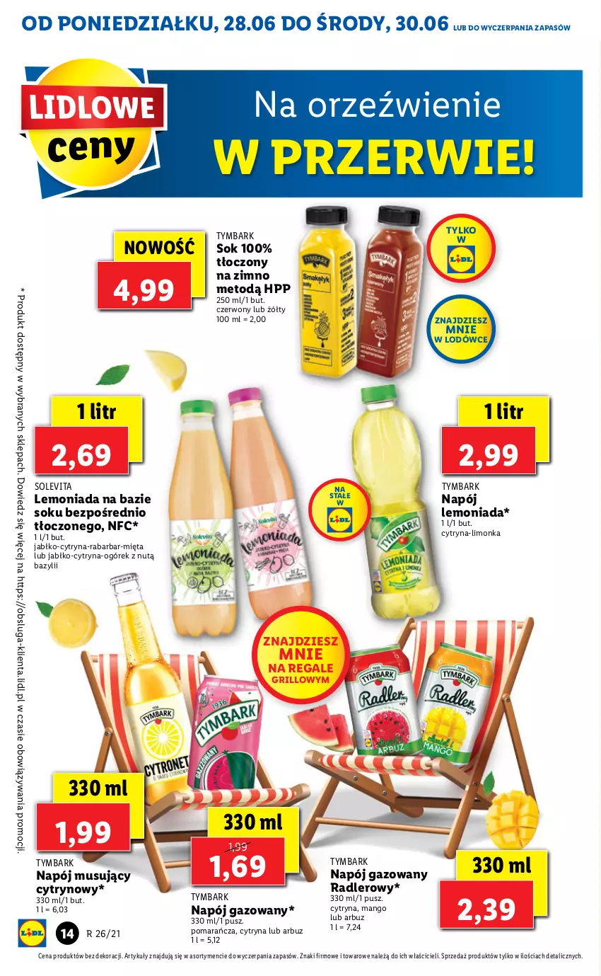 Gazetka promocyjna Lidl - GAZETKA - ważna 28.06 do 30.06.2021 - strona 14 - produkty: Arbuz, Bazyl, Grill, HP, Lemoniada, Limonka, Mango, Mięta, Mus, Napój, Napój gazowany, Napój musujący, Ogórek, Radler, Sok, Tymbark