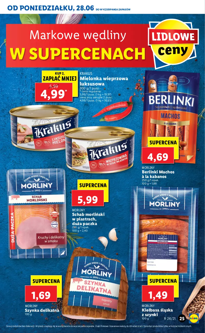 Gazetka promocyjna Lidl - GAZETKA - ważna 28.06 do 30.06.2021 - strona 25 - produkty: Berlinki, Kabanos, Kiełbasa, Kiełbasa śląska, Krakus, Morliny, Szynka