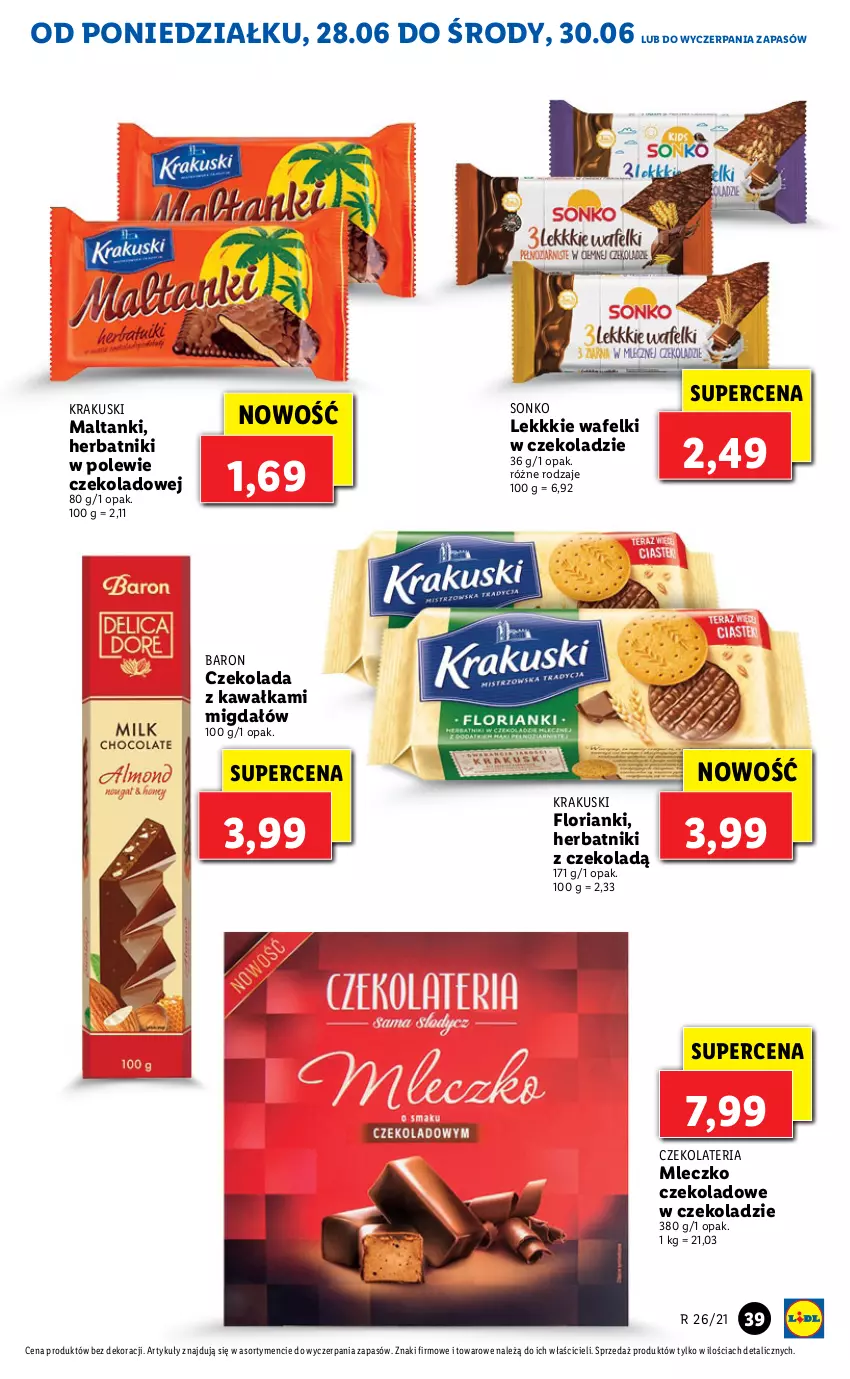 Gazetka promocyjna Lidl - GAZETKA - ważna 28.06 do 30.06.2021 - strona 39 - produkty: Czekolada, Herbatniki, Kawa, Krakus, Krakuski, Mleczko, Sonko