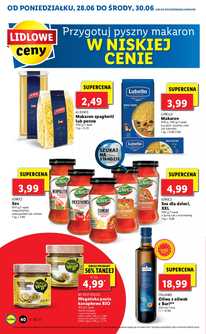 Gazetka promocyjna Lidl - GAZETKA - ważna 28.06 do 30.06.2021 - strona 40 - produkty: Bell, Bella, Dynią, Dzieci, Lubella, Makaron, Oliwa z oliwek, Penne, Sos, Spaghetti