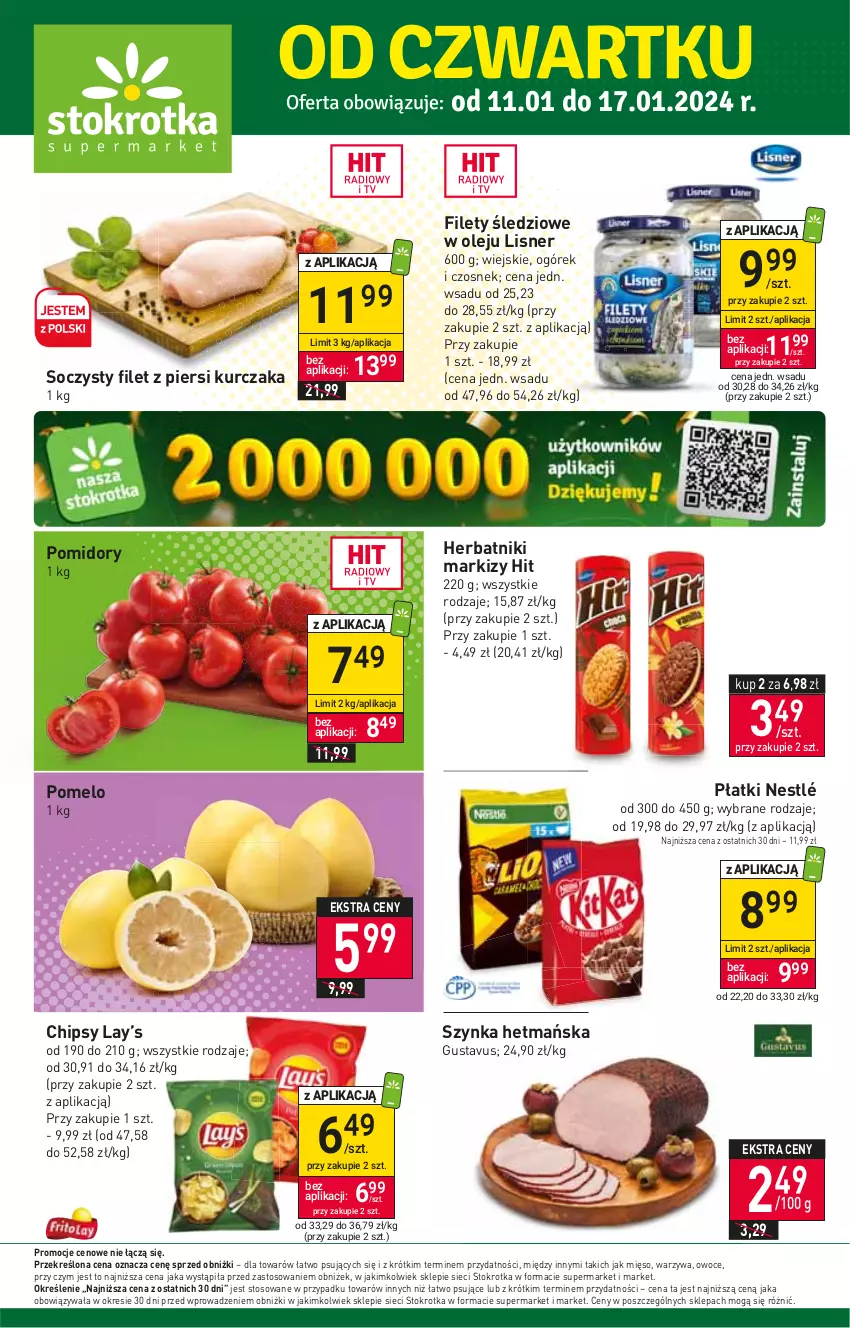 Gazetka promocyjna Stokrotka - Supermarket - ważna 11.01 do 17.01.2024 - strona 1 - produkty: Chipsy, Czosnek, Filet z piersi kurczaka, Herbatniki, Kurczak, Lay’s, Lisner, Mięso, Nestlé, Ogórek, Olej, Owoce, Pomelo, Pomidory, Szynka, Warzywa