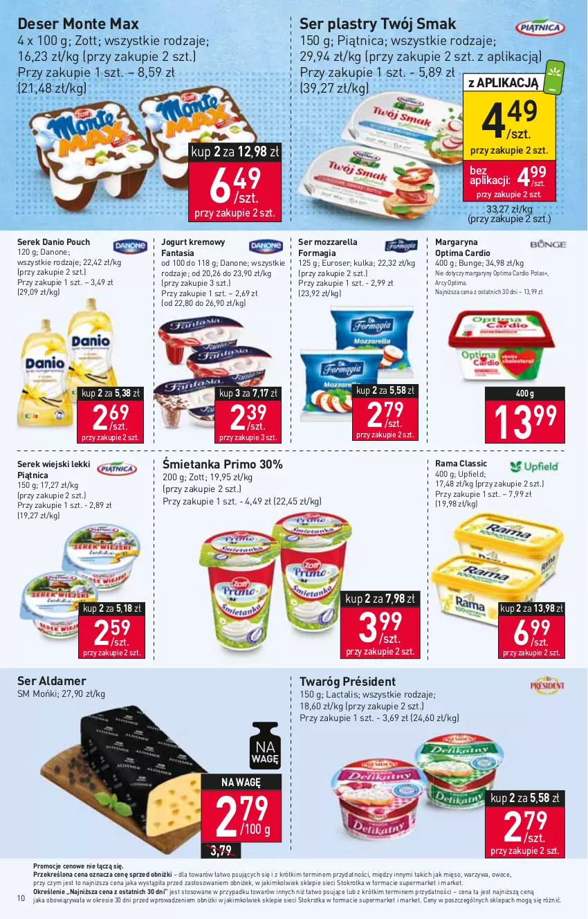 Gazetka promocyjna Stokrotka - Supermarket - ważna 11.01 do 17.01.2024 - strona 10 - produkty: Danio, Danone, Deser, Fa, Fanta, Jogurt, Margaryna, Mięso, Monte, Mozzarella, Optima, Optima Cardio, Owoce, Piątnica, Président, Rama, Ser, Serek, Serek wiejski, Twaróg, Twój Smak, Warzywa, Zott