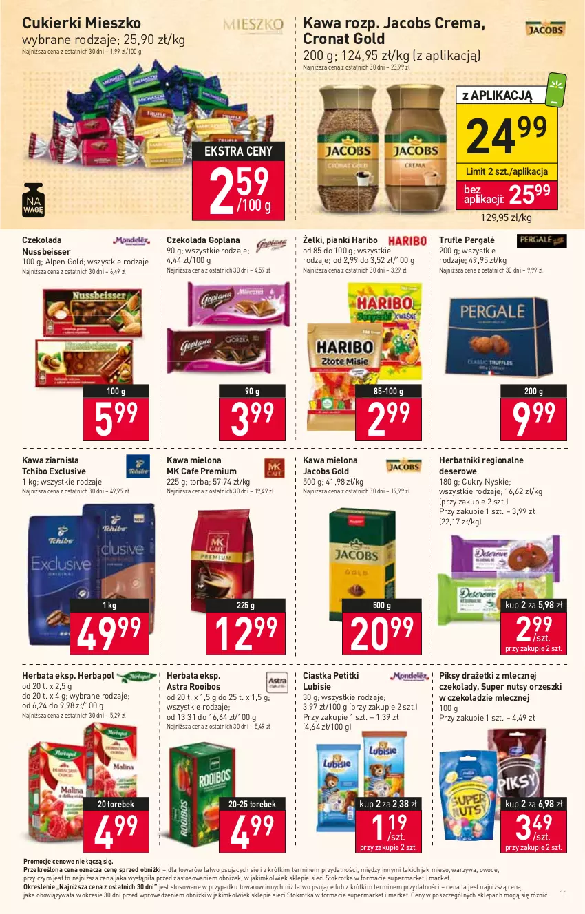 Gazetka promocyjna Stokrotka - Supermarket - ważna 11.01 do 17.01.2024 - strona 11 - produkty: Ciastka, Cukier, Cukierki, Czekolada, Deser, Goplana, Haribo, Herbapol, Herbata, Herbatniki, Jacobs, Kawa, Kawa mielona, Kawa ziarnista, LANA, Lubisie, Mięso, Orzeszki, Owoce, Ser, Tchibo, Torba, Warzywa