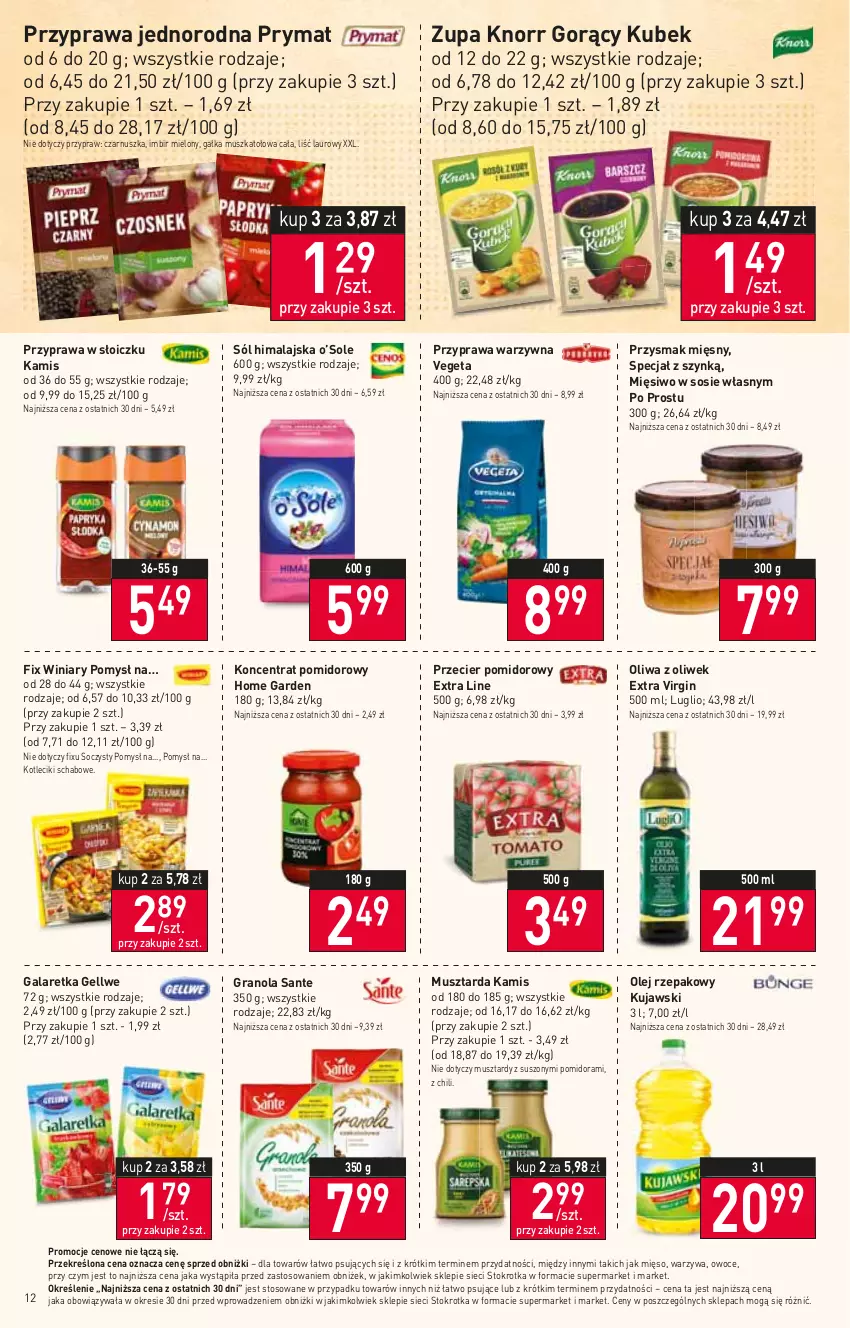 Gazetka promocyjna Stokrotka - Supermarket - ważna 11.01 do 17.01.2024 - strona 12 - produkty: Gala, Galaretka, Gałka, Gin, Gra, Granola, Imbir, Kamis, Knorr, Koncentrat pomidorowy, Kubek, Kujawski, Laur, Mięso, Mus, Musztarda, Olej, Olej rzepakowy, Oliwa z oliwek, Owoce, Prymat, Sante, Sól, Sól himalajska, Sos, Vegeta, Warzywa, Winiary, Zupa