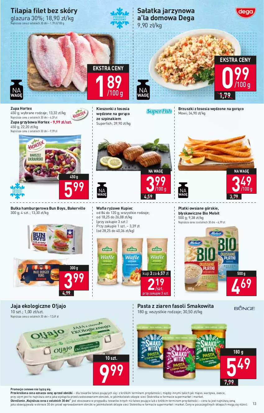 Gazetka promocyjna Stokrotka - Supermarket - ważna 11.01 do 17.01.2024 - strona 13 - produkty: Brzuszki z łososia, Bułka, Bułka hamburger, Burger, Dega, Fa, Glazura, Hamburger, Hortex, Jaja, Kupiec, Lazur, Melvit, Mięso, Owoce, Piec, Płatki owsiane, Ryż, Sałat, Sałatka, Smakowita, Sos, Szpinak, Tilapia, Wafle, Warzywa, Zupa