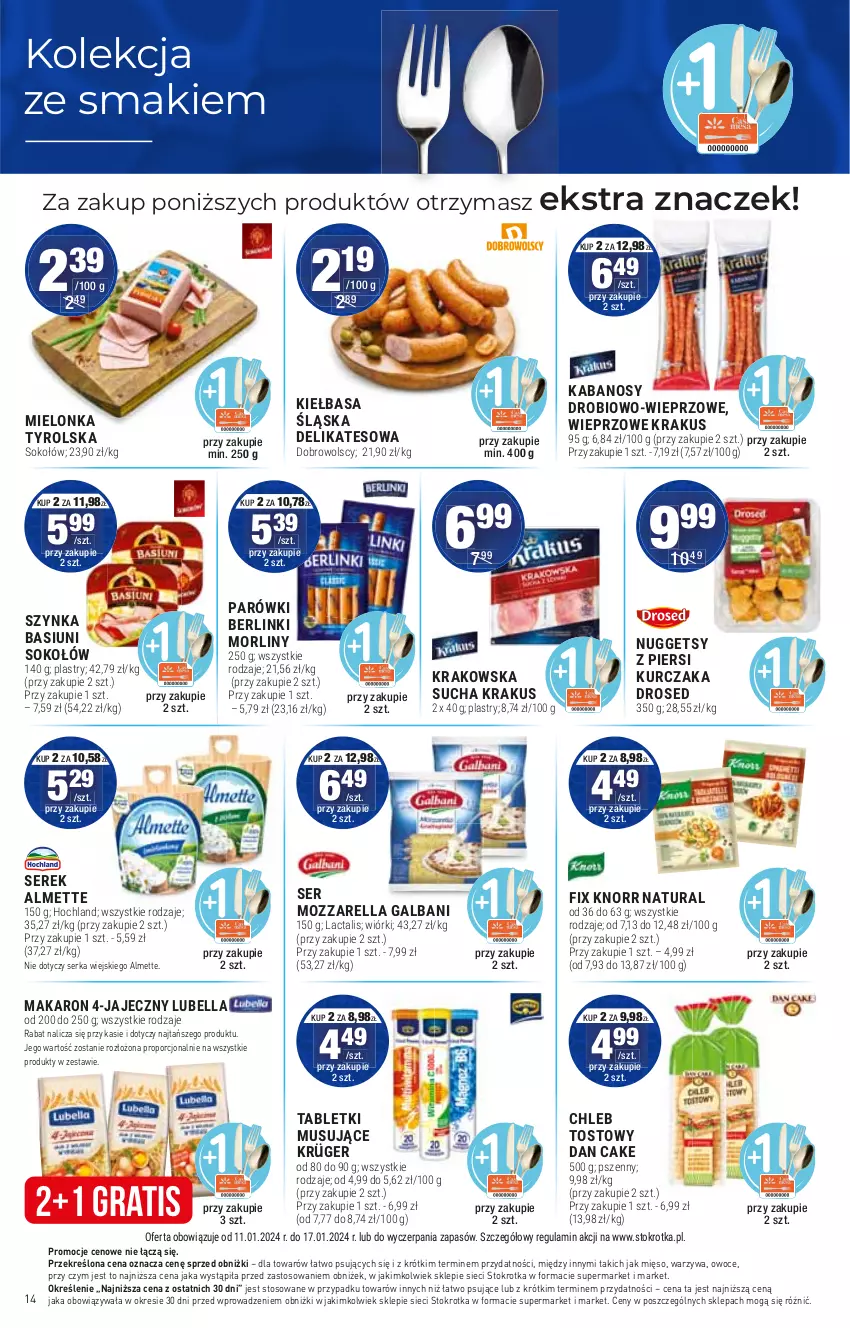 Gazetka promocyjna Stokrotka - Supermarket - ważna 11.01 do 17.01.2024 - strona 14 - produkty: Almette, Dan Cake, Gra, Krakus, Kurczak, Mięso, Owoce, Parówki, Por, Ser, Serek, Szynka, Warzywa