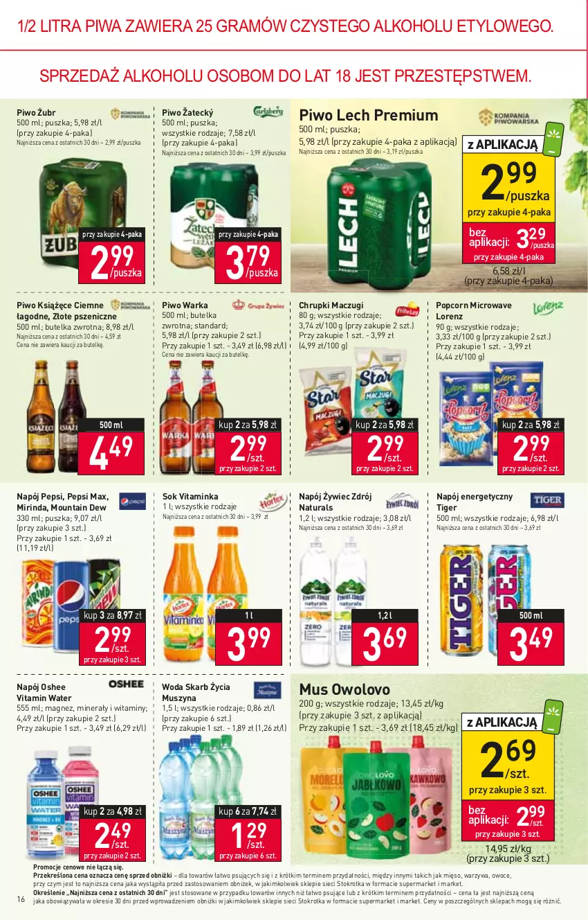 Gazetka promocyjna Stokrotka - Supermarket - ważna 11.01 do 17.01.2024 - strona 16 - produkty: Chrupki, Gra, Inka, Książęce, Lech Premium, Lorenz, Magnez, Mięso, Mirinda, Mus, Napój, Napój energetyczny, Oshee, Owoce, Pepsi, Pepsi max, Piwa, Piwo, Popcorn, Sok, Szyna, Tiger, Warka, Warzywa, Woda