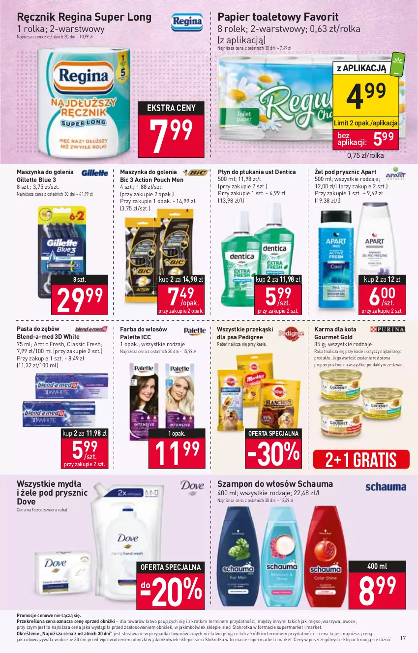 Gazetka promocyjna Stokrotka - Supermarket - ważna 11.01 do 17.01.2024 - strona 17 - produkty: BIC, Blend-a-Med, Dove, Fa, Farba do włosów, Gillette, Gin, Gourmet Gold, Gra, Maszynka, Maszynka do golenia, Mięso, Owoce, Palette, Papier, Papier toaletowy, Pasta do zębów, Pedigree, Płyn do płukania, Por, Przekąski dla psa, Ręcznik, Schauma, Szampon, Szynka, Warzywa