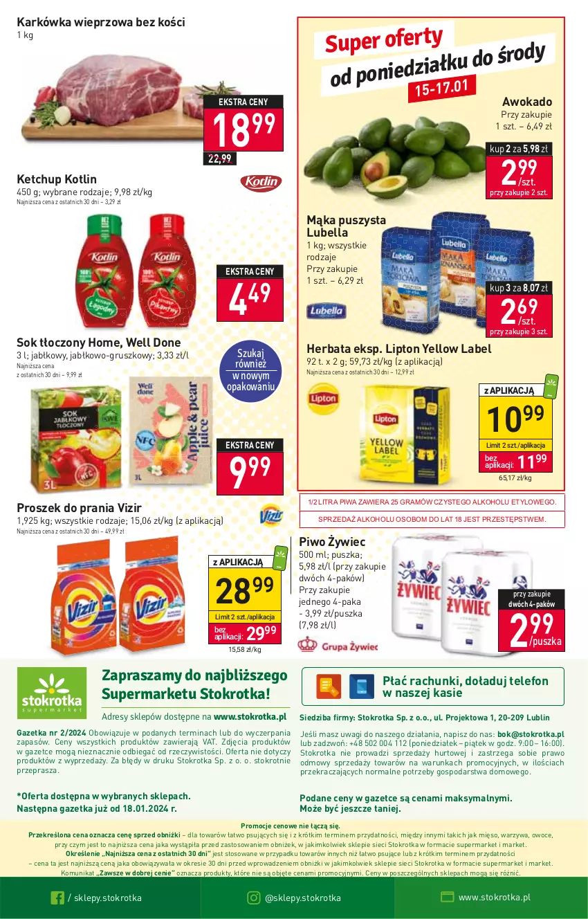 Gazetka promocyjna Stokrotka - Supermarket - ważna 11.01 do 17.01.2024 - strona 20 - produkty: Bell, Bella, Gra, Herbata, Karkówka wieprzowa, Ketchup, Kotlin, Lipton, Lubella, Mąka, Mięso, O nas, Owoce, Piwa, Piwo, Proszek do prania, Sok, Telefon, Vizir, Wagi, Warzywa