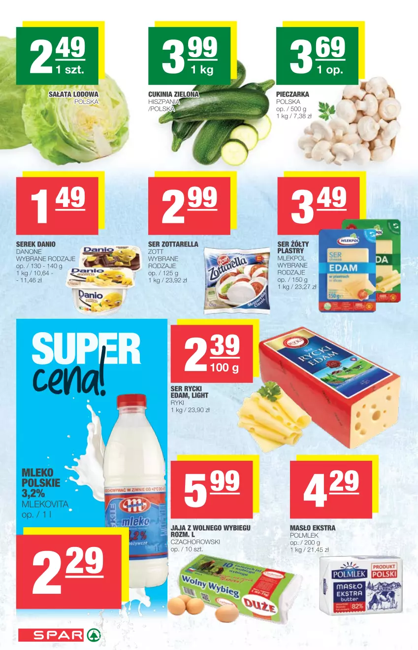 Gazetka promocyjna Spar - Eurospar - ważna 16.06 do 22.06.2021 - strona 2 - produkty: Danio, Danone, Edam, Fa, Jaja, Jaja z wolnego wybiegu, Masło, Piec, Pieczarka, POLMLEK, Rycki Edam, Sałat, Sałata lodowa, Ser, Serek, Zott, Zottarella