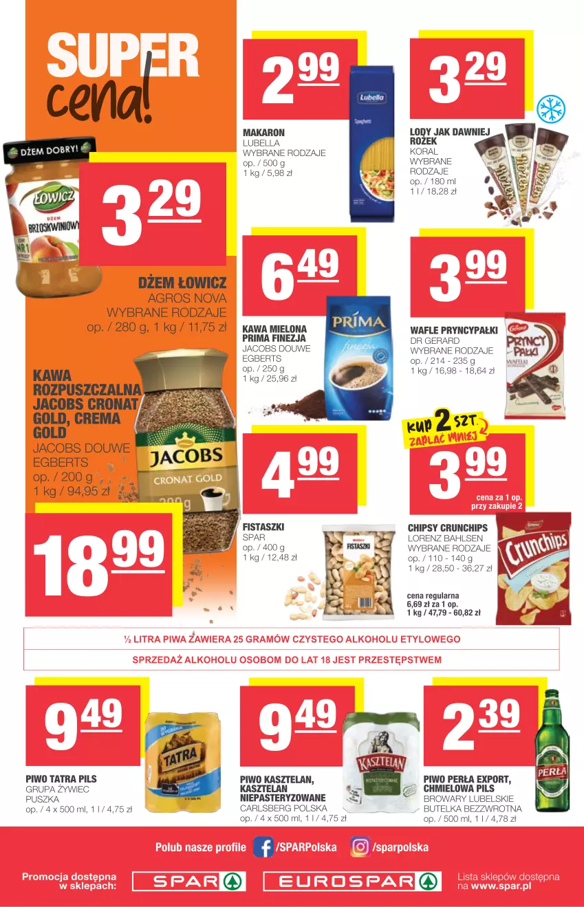 Gazetka promocyjna Spar - Eurospar - ważna 16.06 do 22.06.2021 - strona 3 - produkty: Bell, Bella, Carlsberg, Chipsy, Dr Gerard, Dżem, Jacobs, Kasztelan, Kawa, Kawa mielona, Lody, Lorenz, Lubella, Makaron, Perła, Piwo, Por, Prima, Tatra, Wafle