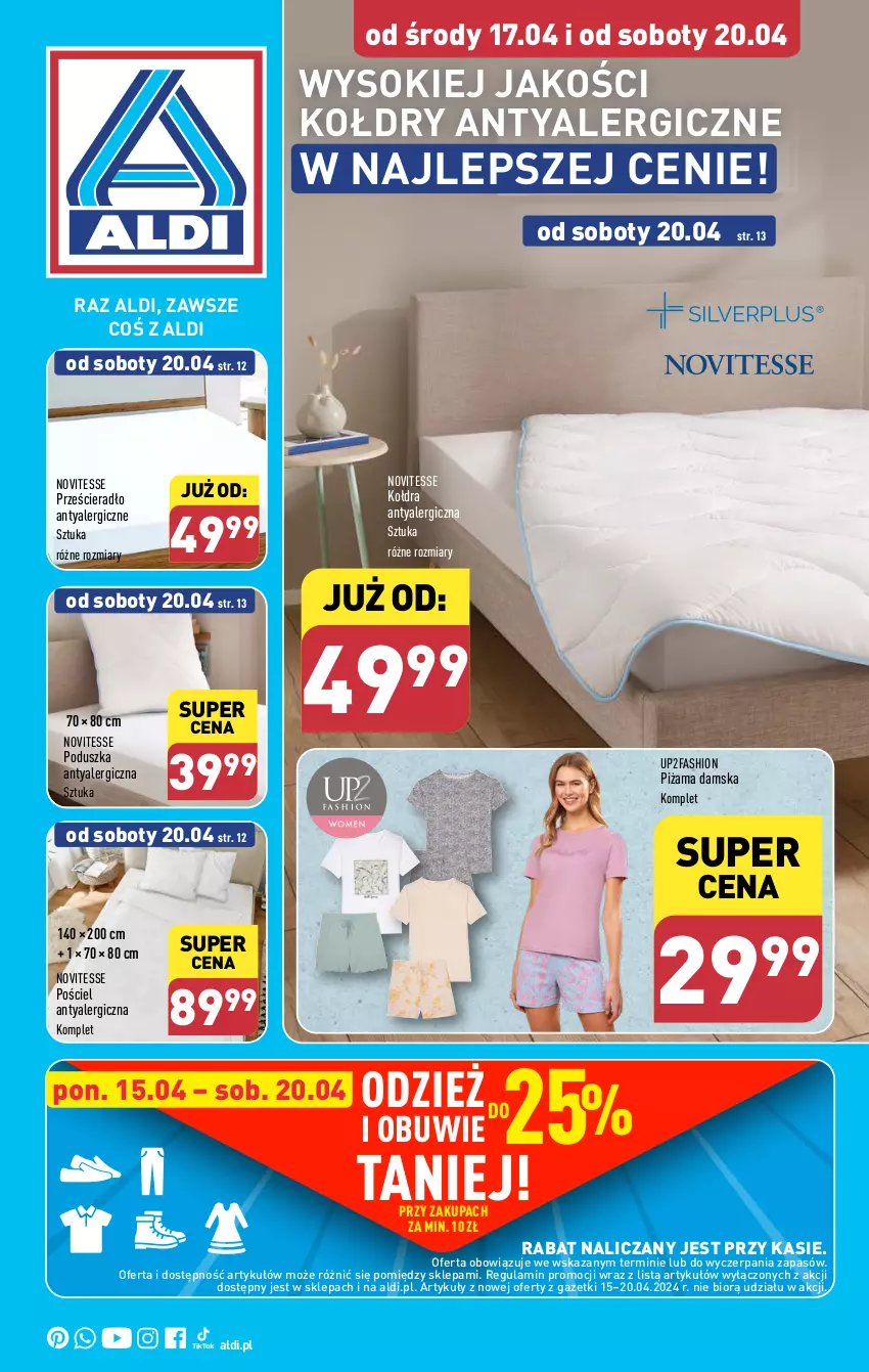 Gazetka promocyjna Aldi - Artykuły przemysłowe i tekstylia - ważna 17.04 do 20.04.2024 - strona 1 - produkty: Fa, Kołdra, Obuwie, Piżama, Poduszka, Pościel, Prześcieradło, Sok