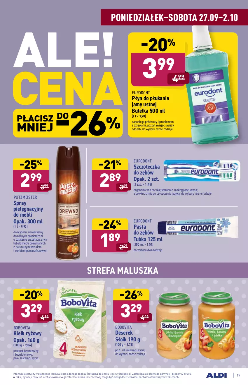 Gazetka promocyjna Aldi - ważna 27.09 do 02.10.2021 - strona 19 - produkty: BoboVita, Deser, Fa, Olej, Pasta do zębów, Płyn do płukania, Płyn do płukania jamy ustnej, Putzmeister, Ryż, Ser, Serek, Szczoteczka, Szczoteczka do zębów