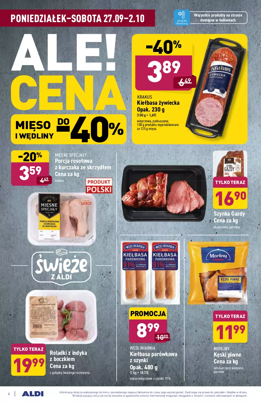 Gazetka promocyjna Aldi - ważna 27.09 do 02.10.2021 - strona 4 - produkty: Kęski piwne, Kiełbasa, Krakus, Kurczak, Lodówka, Mięsne specjały, Mięso, Mięso wieprzowe, Morliny, Por, Szynka, Tera