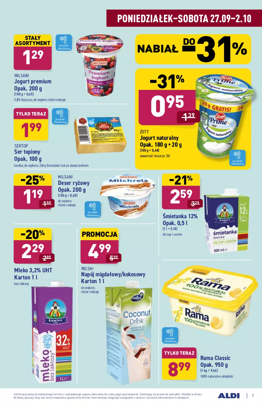 Gazetka promocyjna Aldi - ważna 27.09 do 02.10.2021 - strona 7 - produkty: Deser, Ementaler, Jogurt, Jogurt naturalny, Kokos, Mleko, Napój, Rama, Ryż, Ser, Ser topiony, Sos, Tera, Top, Zott