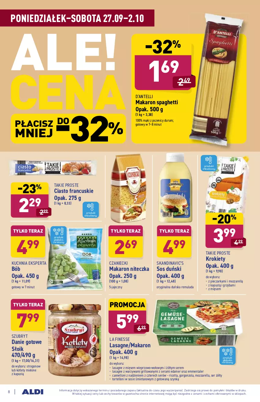 Gazetka promocyjna Aldi - ważna 27.09 do 02.10.2021 - strona 8 - produkty: Ciasto francuskie, Danie gotowe, Edam, Emmental, Gin, Gorgonzola, Grill, Kapustą, Kotlet, Krokiety, Kuchnia, Lasagne, Makaron, Mozzarella, Piec, Pieczarka, Ricotta, Rum, Ser, Skandinavic’s, Sos, Spaghetti, Szubryt, Tera, Tortelloni, Warzywa